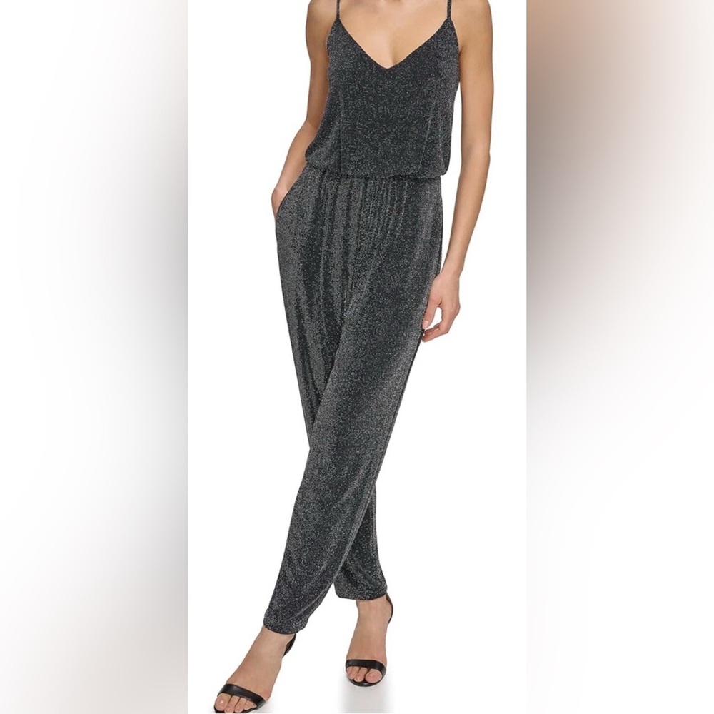 NWT ELIZA J Slinky + Sparkly Black Knit Jumpsuit With Spaghetti Straps Size 14